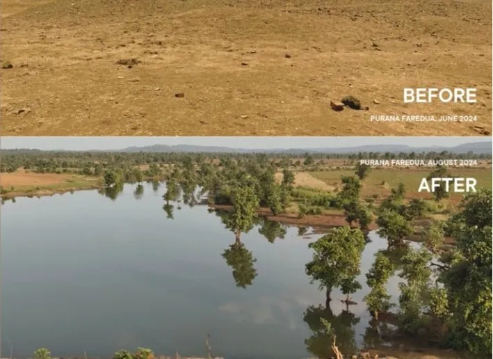 The Ranipura 2 site at Purana Faredua, Baran — dry ground in June 2024 above, the filled reservoir and returning tree cover in August 2024 below