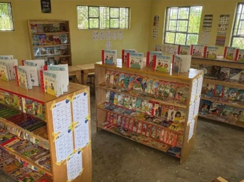 A newly stocked school library in Tanzania, its shelves filled with English books